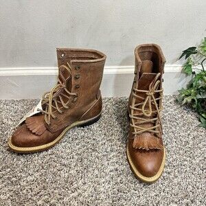 DD Tuff Handcrafted PACKER Leather Roper Kiltie Lace up Western Boots USA 6M New